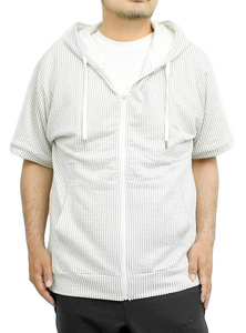 【新品】 5L ホワイト×グレー 半袖 パーカー メンズ 大きいサイズ ジップアップ シアサッカー ストレッチ サマージャケット