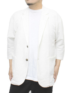 【新品】 5L ホワイト 七分袖 テーラードジャケット メンズ 大きいサイズ シアサッカー 無地 ストライプ ストレッチ サマージャケット
