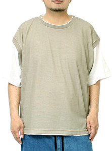 【新品】 3L ベージュ ベスト 半袖 Tシャツ メンズ 大きいサイズ フェイクレイヤード 鹿の子 ワッフル クルーネック カット