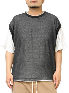 【新品】 2L チャコール ベスト 半袖 Tシャツ メンズ 大きいサイズ フェイクレイヤード 鹿の子 ワッフル クルーネック カッ