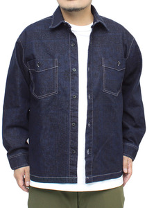 【新品】 5L インディゴ デニム シャツジャケット メンズ 大きいサイズ バンダナ柄 ペイズリー 総柄 ストレッチ 長袖シャツ