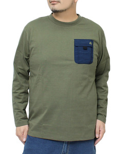 【新品】 2L カーキ LOGOS PARK(ロゴス パーク) 長袖Tシャツ メンズ 大きいサイズ ドライ ロゴ プリント ポケット付き クルーネック カット