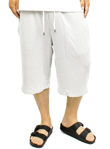 【新品】 4L ホワイト×グレー ショートパンツ メンズ 大きいサイズ シアサッカー ストレッチ ハーフパンツ