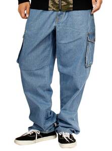 【新品】 4L ブルー 大きいサイズ デニム カーゴパンツ メンズ デニムパンツ ジーンズ ワイドパンツ カーゴ パンツ インディゴ ミリタリー