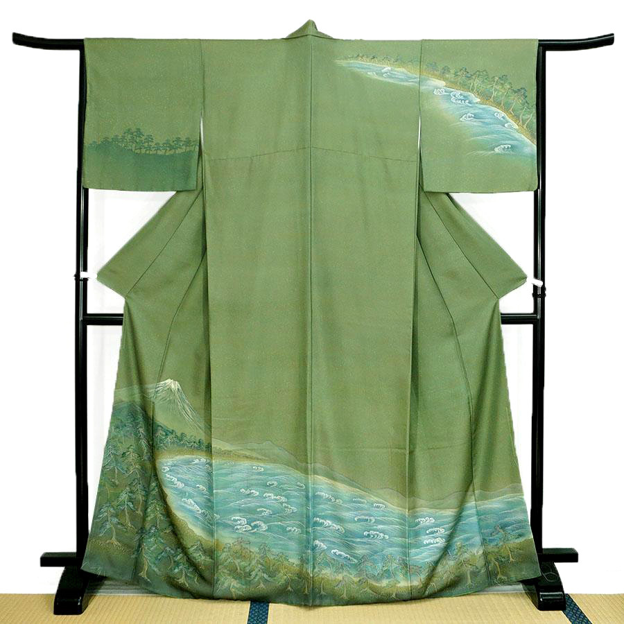 ■5727■ Tamaño LL ~ 174 cm Patrón de paisaje de playa ropa de visita pintada a mano Sin usar, kimono de mujer, kimono, vestido de visita, A medida