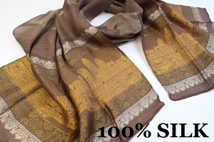 新品【SILK シルク100%】アンコールワット 幾何学柄 薄手 スカーフ/ストール ダークブラウン系 ゴールド ホワイト