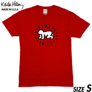 希少■ Keith Haring (キースヘリング) POP SHOP (ポップショップ) 米国製 アメリカ製 プリント 半袖 Tシャツ 赤 レッド S 現代アート 90s