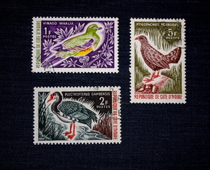 コートジボワール切手　鳥・３種消印　1975年