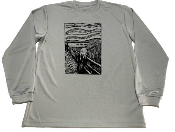 Серая Монохромная сухая футболка «Эдвард Мунк Крик» Картина «Товары для искусства» Длинная футболка с длинным рукавом, Средний размер, Круглый вырез, письмо, логотип