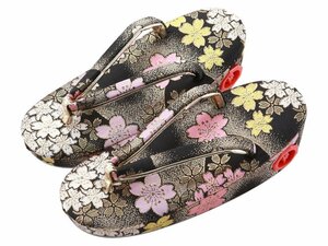 七五三 帯地 金襴織り 子供用 きもの 草履 黒金 桜柄 鈴付き 18cm　sz-95-9