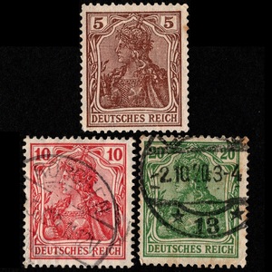 郵便切手 ドイツ帝国 Deutsches Reich 「皇帝の冠を持つゲルマニア 5/10/20」1915/1920年 使用済 Stamps Germania with the imperial crown