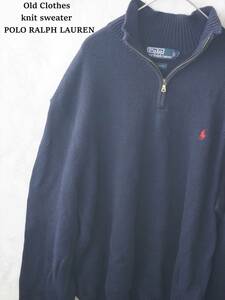 美品 POLO RALPH LAUREN ポロ ラルフ ローレン ロゴ ジップ ニット メンズ セーター 無地 XL 紺 ネイビー 綿 コットン 秋冬用 アウター