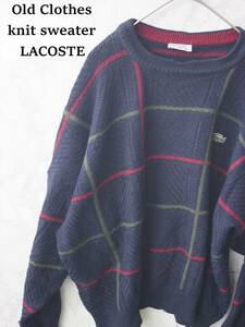 訳アリ フランス製 ８０S LACOSTE vintage ヴィンテージ ラコステ チェック ニット セーター XL 無地 丸首 クルーネック ネイビー 秋冬用