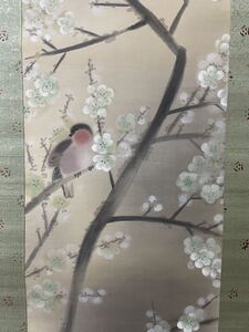 Art hand Auction 即決!模写 橋本永邦 梅鶯図 掛軸肉筆(検索=桜 春 菊池契月 渡辺省亭 小原古邨 祥邨 雪岱 是真 新版画 大和絵 木島桜谷 川瀬巴水 狩野派), 絵画, 日本画, 山水, 風月