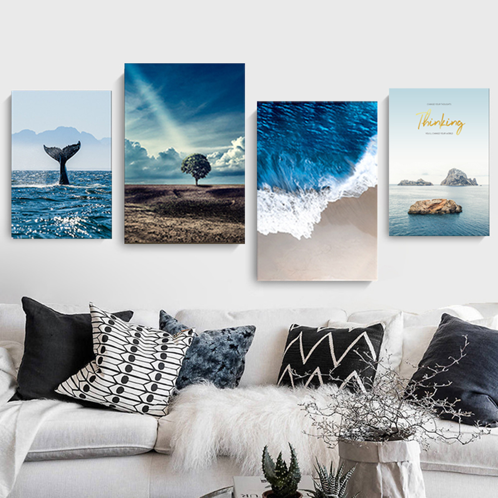 Set of 4 Sea Painting Interior Fabric Picture Popular 30x40cm Wall Hanging Art Panel Living Room Present Free Shipping, artwork, painting, others