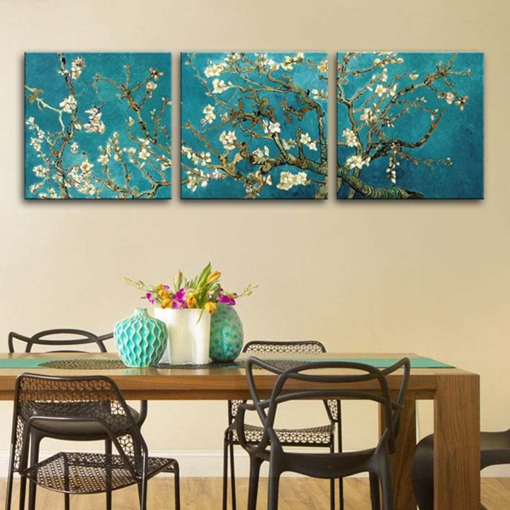 3 Fabric Panels Painting Interior Fabric Picture Almond Blossom Tree 40 x 40 cm Wall Hanging Art Panel Free Shipping, Artwork, Painting, others