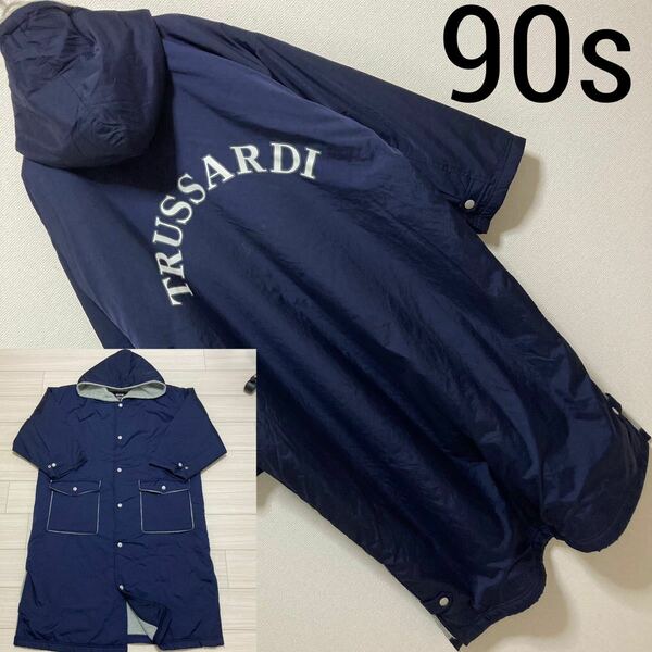 90s■TRUSSARDI トラサルディ ジュニア■ベンチコート 裏ボア ロング 170 メンズM相当 ネイビー ラウンドロゴ オールド ヴィンテージ