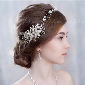 新品 シルバー ヘアアクセサリー パール ウェディング ヘッドドレス 結婚式 ティアラ 髪飾り ブライダル アクセサリー ウエディング お花の画像2