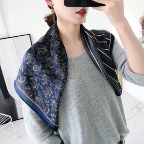 レディース スカーフ 配色 お洒落 ペイズリー柄 アクセサリー 綺麗系 個性的 ネイビー 紺