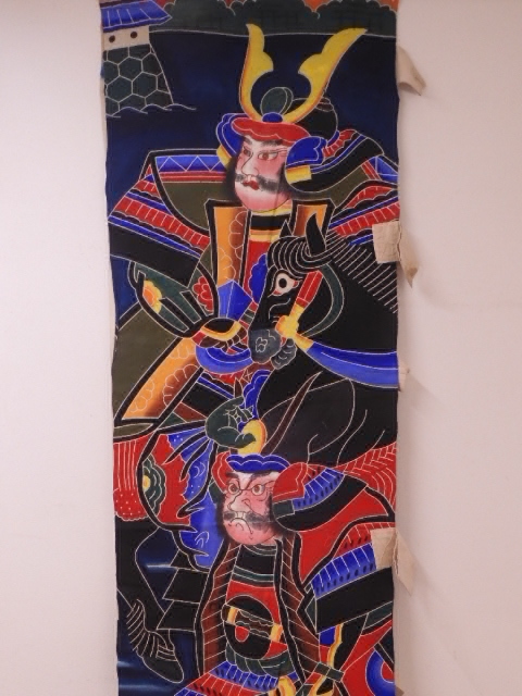 Silver Axe Cotton - ¡Bandera pintada a mano de dos viejos guerreros! Bandera de la era Showa - aprox. 5m, kimono de mujer, kimono, antiguo, otros