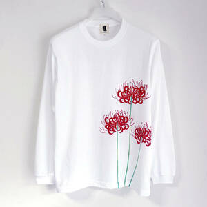 Art hand Auction T-shirt motif fleur de lys araignée rouge, blanc taille M, T-shirt à manches longues peint à la main avec manches côtelées, t-shirt long, motif floral, motif japonais, blanc, T-shirt, manche longue, Taille M