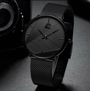 腕時計 男性 超薄型 ステンレス鋼 ステンレスベルト クォーツ腕時計 ブラック
