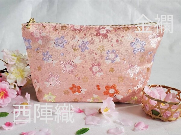 西陣織高級金襴 立体ポーチ(大) さくらうさぎ ピンク
