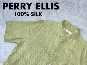 ☆送料無料☆ PERRY ELLIS ペリーエリス USA直輸入 古着 半袖 胸ポケット付 シルク シャツ メンズ L グリーン トップス 中古 即決