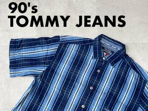 ☆送料無料☆ TOMMY JEANS トミージーンズ USA直輸入 古着 90’s 半袖 ストライプ ボックス シャツ メンズ S 大きめ ネイビー 中古 即決