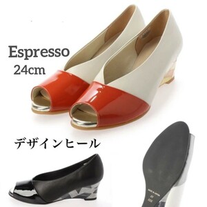 DUM89 新品同様 Espresso パンプス 24cm ベージュ 牛革 3E オレンジ配色 エスプレッソ ステンドグラス風