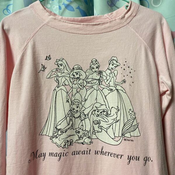 ディズニープリンセス disney princess ピンク長袖 薄手トレーナー スウェット アリエル ジャスミン ベル シンデレラ 古着