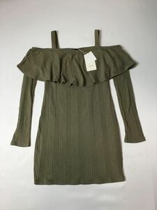 ( unused lady's ) rienda // long sleeve shoulder ..tereko stripe pattern cut and sewn tunic * Mini One-piece ( olive green group ) size S