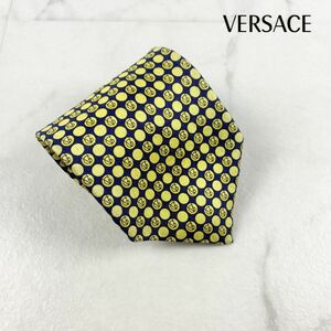 美品 VERSACE ヴェルサーチェ ネクタイ シルク100% ドット 紺 ネイビー イエロー@LB68