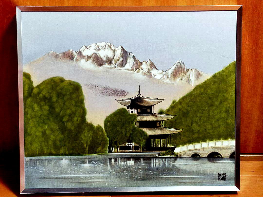 ◎Free shipping◎Kurakura◎ Oil painting F8 size China View of Wanglong Snow Mountain from Wangquan Park Landscape painting ◎ 220922 MN Antiques Antiques Retro, Painting, Oil painting, Nature, Landscape painting