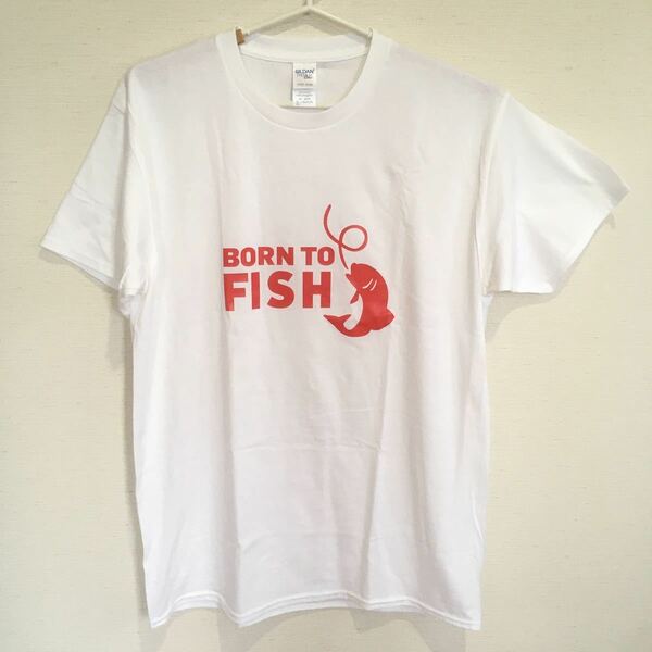 【残りわずか】BORN TO FISH 釣りTシャツ白色 ホワイト×赤文字