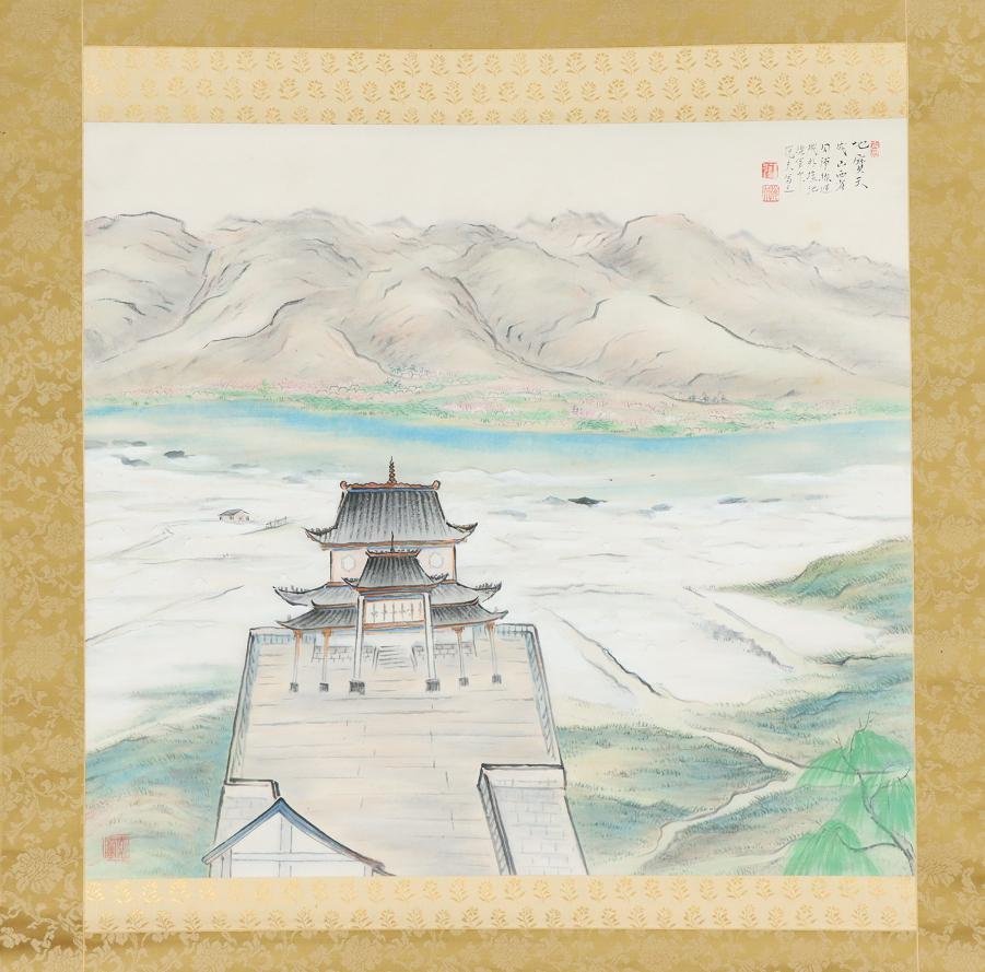 【真迹】◆福世悦夫◆千穗转生◆中国山水◆手绘◆附盒◆长野县◆纸◆挂轴◆r122, 绘画, 日本画, 景观, 风与月
