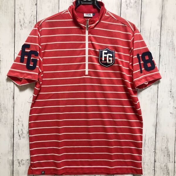 【FILA GOLF】 フィラ ゴルフ ハーフジップシャツ 半袖 メンズ L ピンク×ホワイト 刺繍 送料無料!