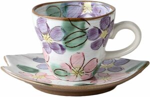 Art hand Auction Mino ware! ☆Hand-painted red and purple cherry blossoms/coffee bowl and plate☆ V3029-6 New Black Tea Milk Latte Espresso Tea Utensil Gift, tea utensils, Cup and saucer, coffee, For both tea and tea