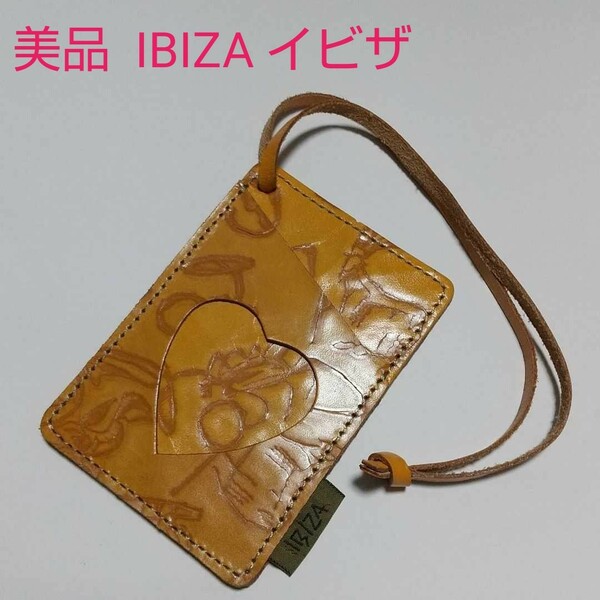 美品 IBIZA イビザ 上質レザー パスケース カードケース ホルダー 革紐 定期入れ 日本製 JAPAN
