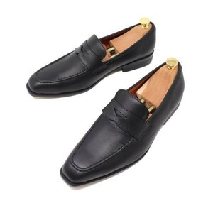 23.5cm men's hand made original leather square tu Italian Loafer slip-on shoes ma Kei shoes business casual wrinkle black M5006