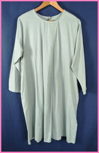 WA‐66‐②☆春秋☆新品☆送料込み☆即決☆ナチュラル系☆綿麻混☆ワンピース☆M~Lサイズ☆ライトグリーン☆長袖☆プリーツ