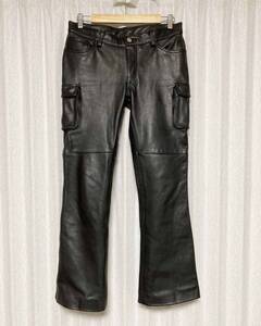 美品☆[Frau DEGNER] LEATHER CARGO PANTS バイカーレザーカーゴパンツ L 牛革 ブラック FRP-19A ブーツカット レディース デグナー