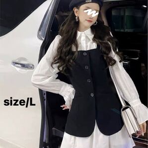 新品 ブラウス ベスト セット 長袖シャツ ロングシャツ 長袖 ジレ 韓国