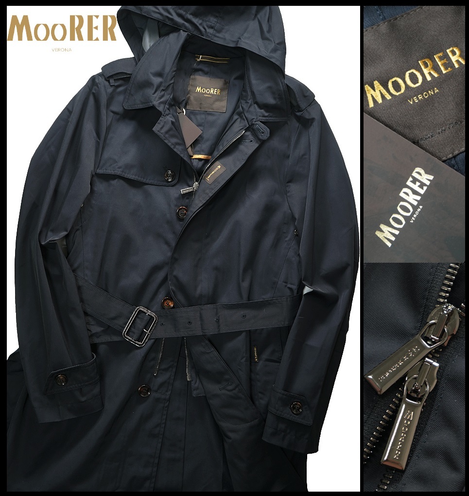 超美品☆ムーレーMOORERフード付きシングルトレンチコート 48☆カーキ