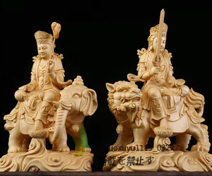 新作 極上品 文殊菩薩 普賢菩薩一式 細密彫刻 木彫仏像 置物 仏教工芸品 