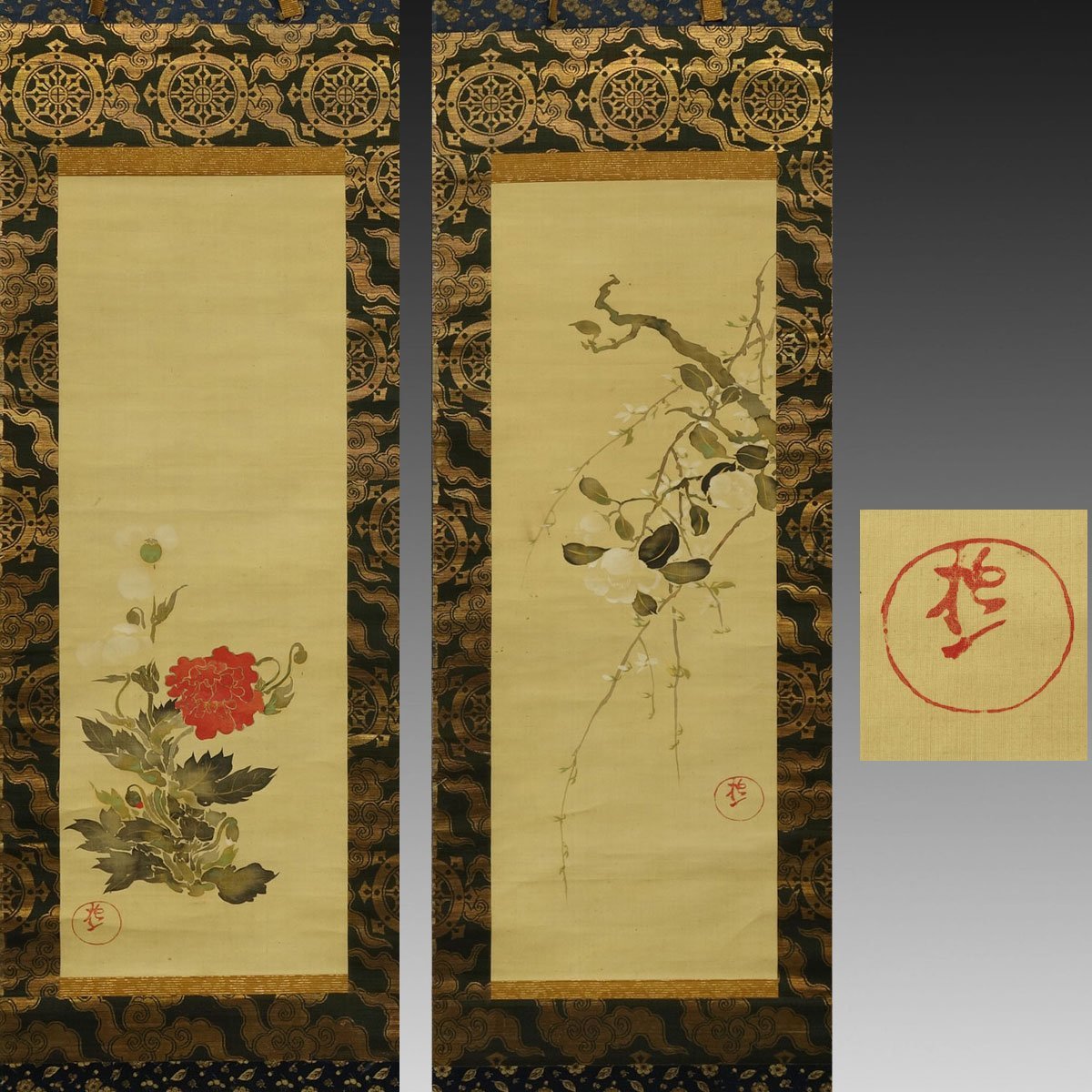 人気が高い 鈴木其一/酒井抱一師事 江戸琳派の祖「花鳥画」掛軸 絹本