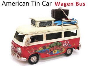  tin plate car Surf wagen bus flower (AZ2598 red /17cm) Mini Wagon floral print surfboard car west coastal area manner interior american miscellaneous goods 