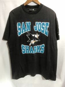 ■ 80s 90s USA製 ビンテージ Hanes ヘインズ NHL CCM サンノゼ シャークス 3段プリント 半袖 Tシャツ サイズL 黒 ホッケー SHARKS ■