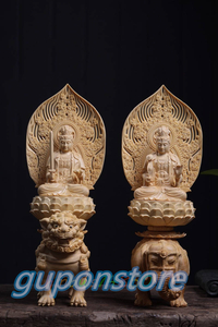 極上品 大型仏教美術 文殊菩薩座像 普賢菩薩座像 2点 ヒノキ檜木 精密彫刻 木彫仏像 高さ36.5ｃｍ