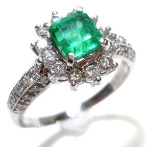 J*Pt900 gorgeous! emerald 1.0ct & diamond 0.6ct platinum ring ring 15 number square diamond Platinum Emerald Diamond ring